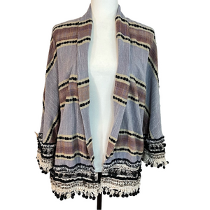 Zara Woman Kimono Poncho Oversized Cardigan Stripe Pom Pom Fringe Open Front Med